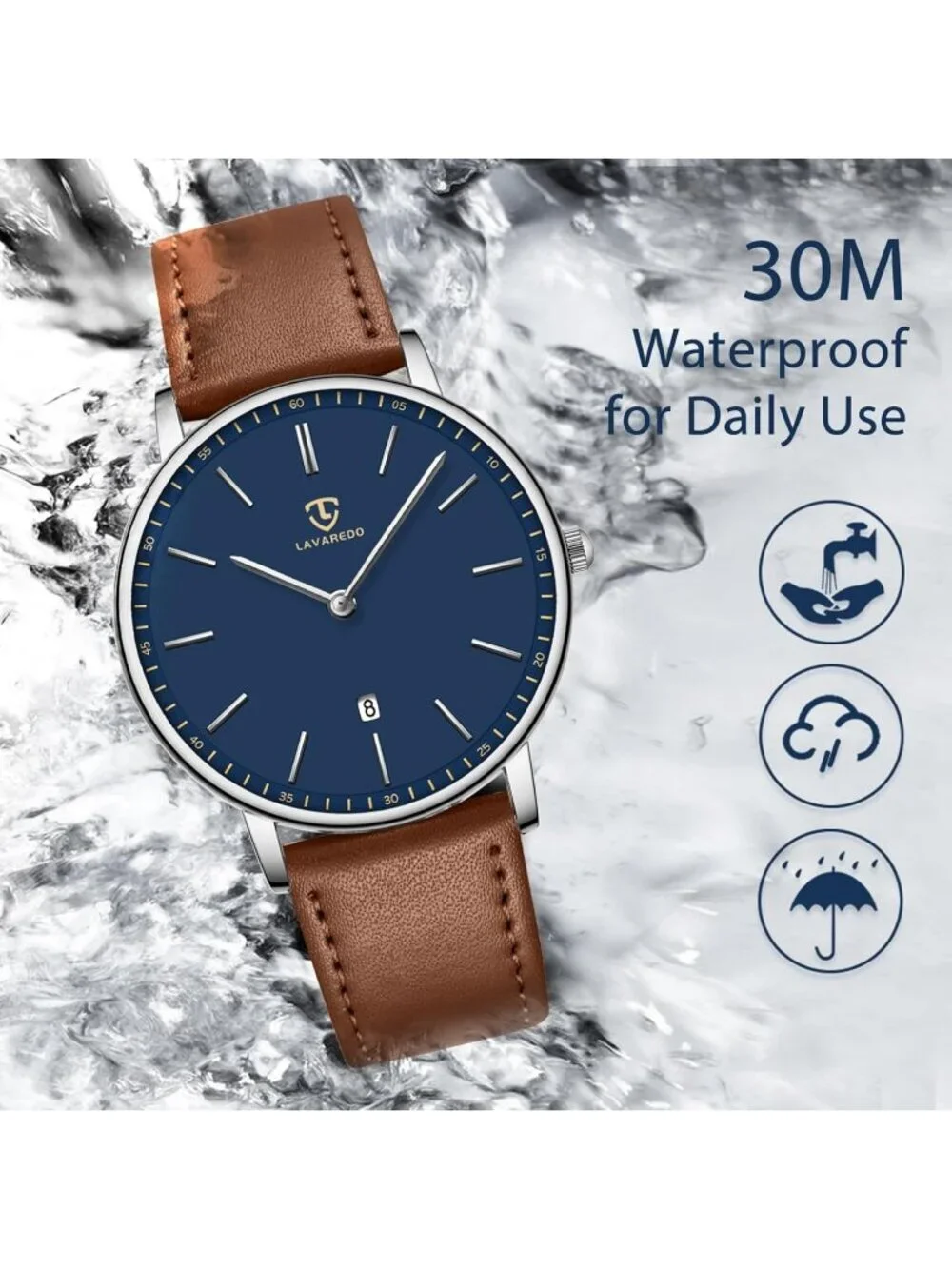 Men's Blue Dial Brown Leather Strap Analog Minimalist Fashion Simple Wrist Watch